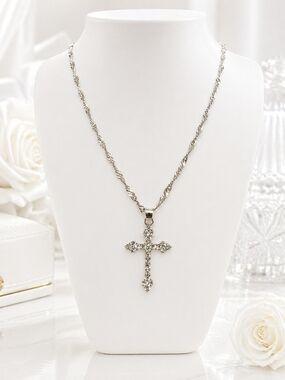 Silver Crystal Cross Pendant Necklace - Women Jewelry